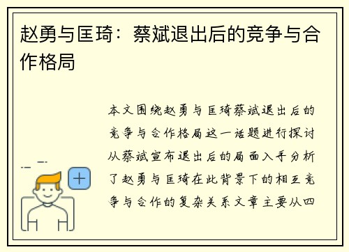 赵勇与匡琦:蔡斌退出后的竞争与合作格局 赵勇与匡琦:蔡斌退出后的竞争与合作格局
